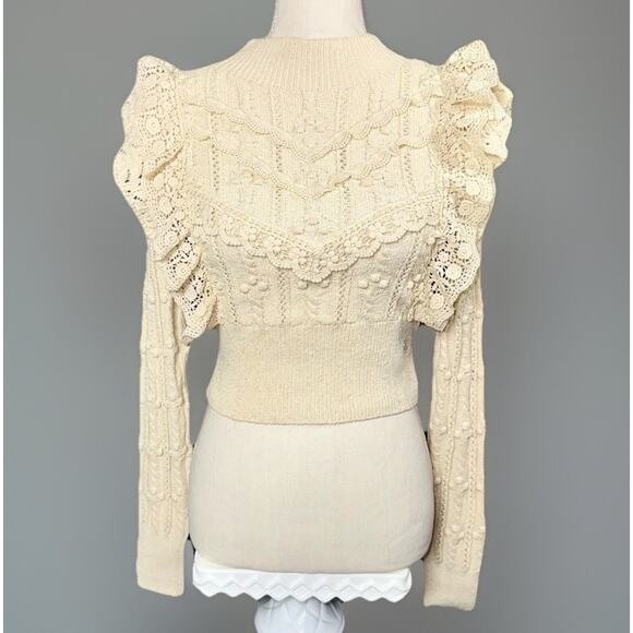Zara Tops - Zara Contrast Small Crochet Knit Crop Top Ruffle Shoulder Long Sleeve Boho Shirt